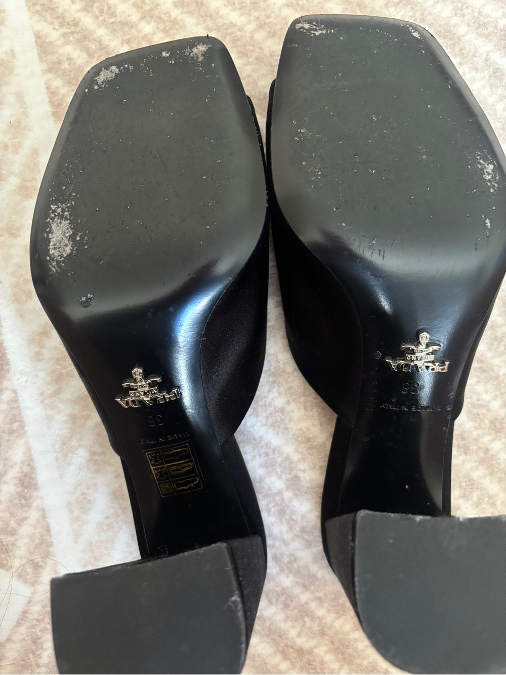 Prada Black Satin Triangular Logo Mule Heels - Picture 5 of 7